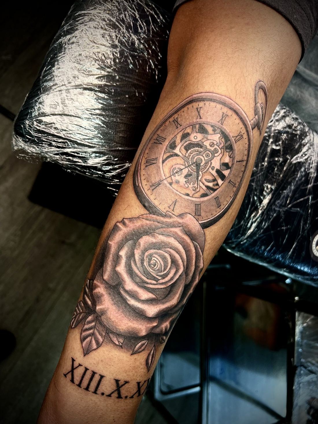 Tattoo: Black & grey — Watch and rose