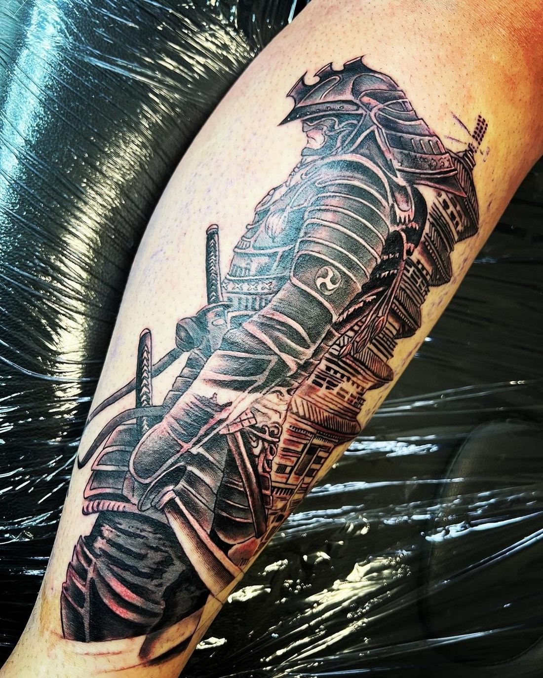 Tattoo: Black & grey realism — Samurai and pagoda