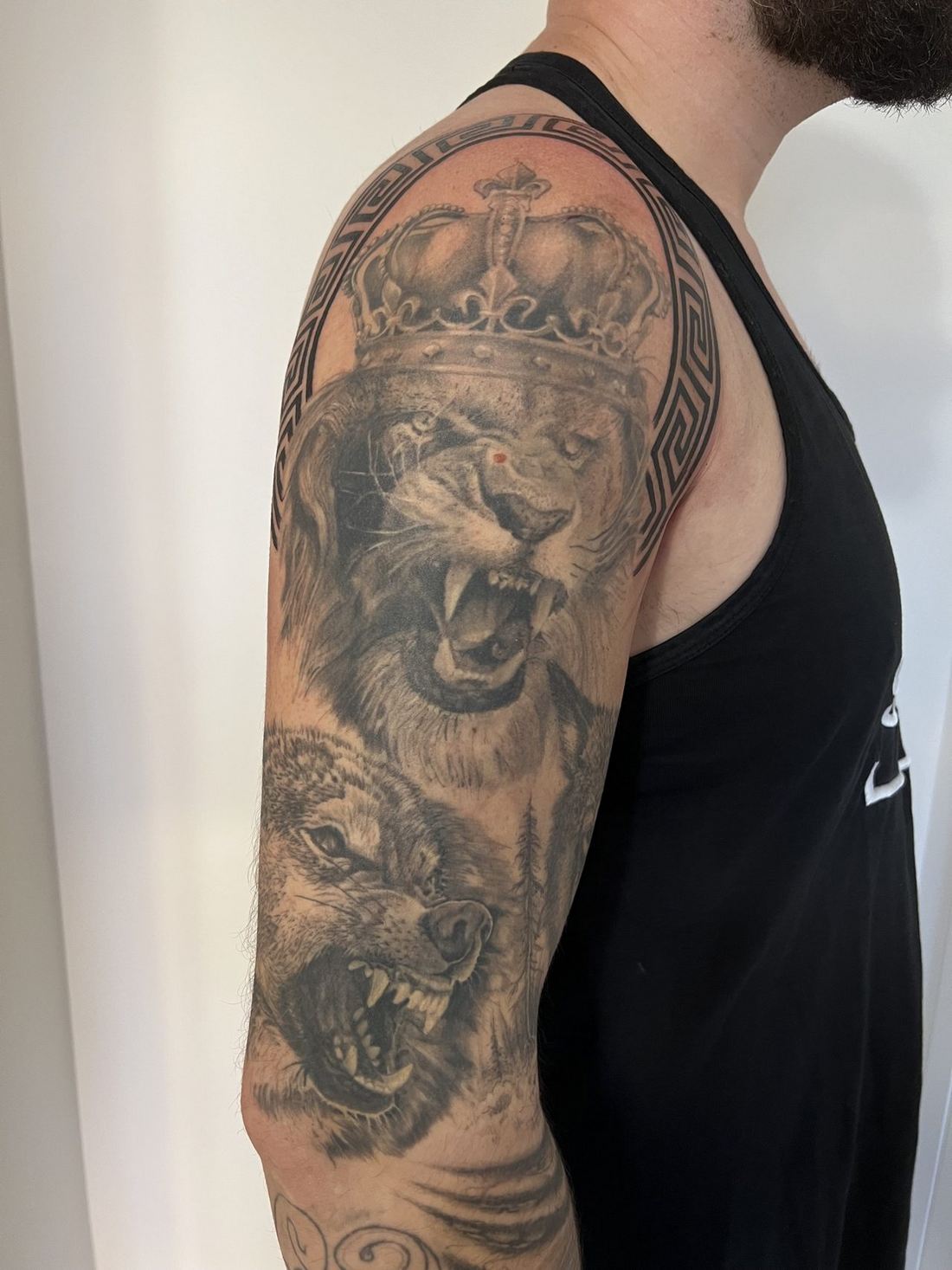 Tattoo: Black & grey — Lion and wolf sleeve