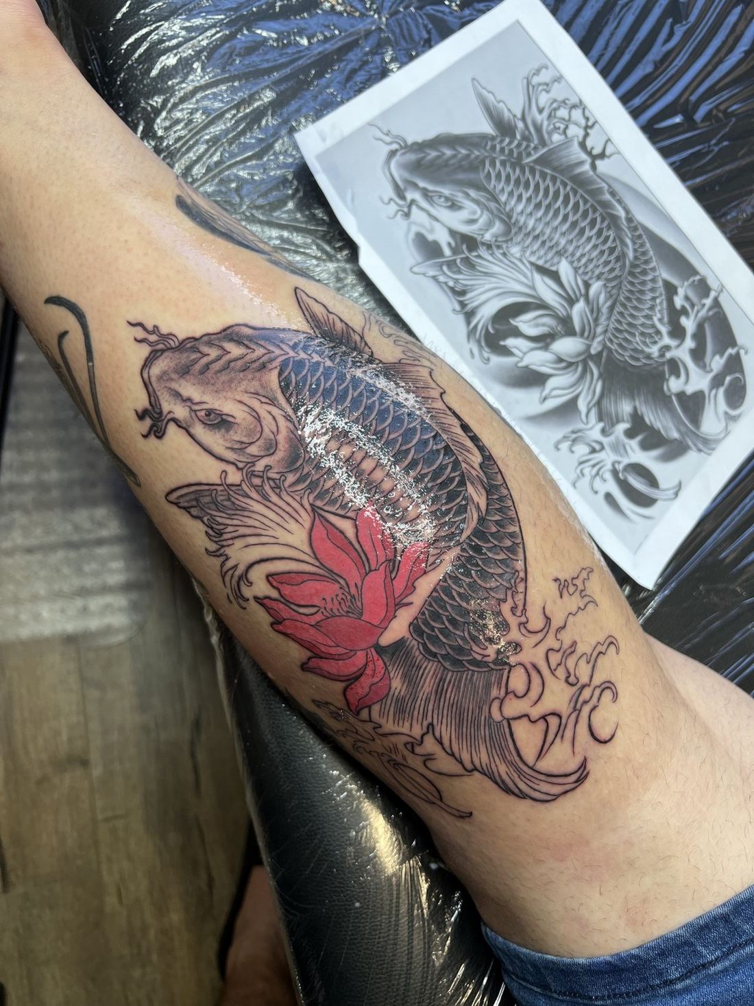 Tattoo: Color realism — Koi and red lotus