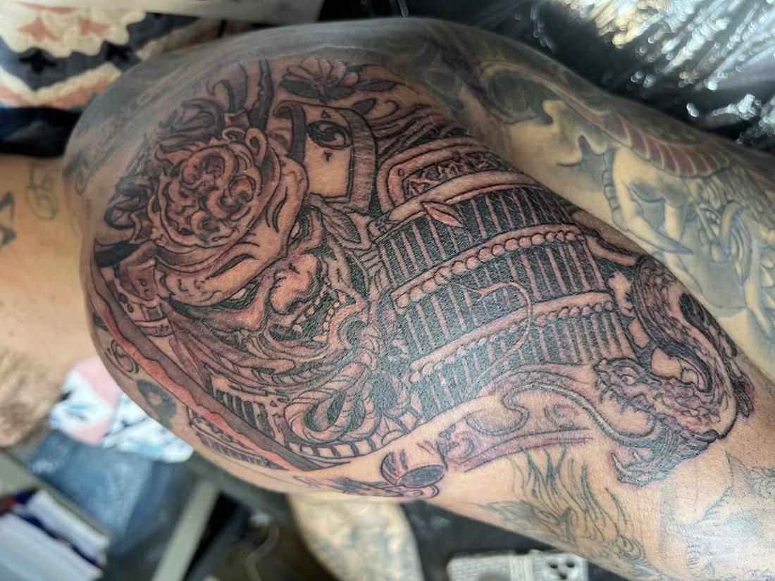 Tattoo: Black & grey realism — Dragon, pagoda and mask