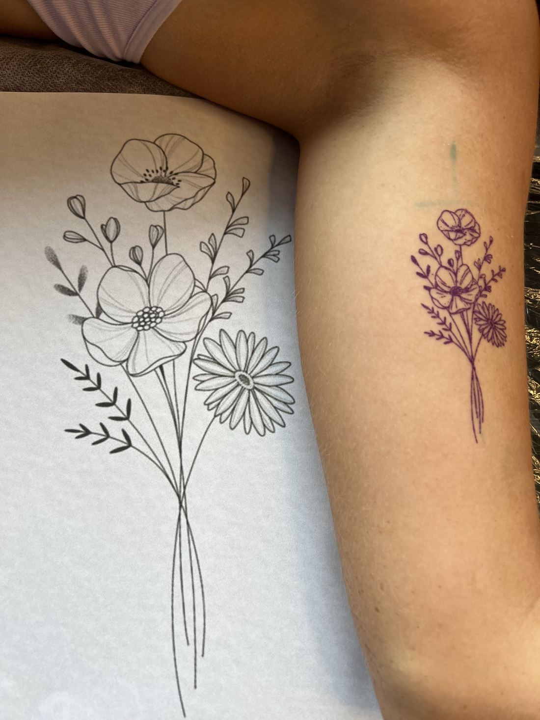 Tattoo: Black & grey fine line — Wildflower bouquet