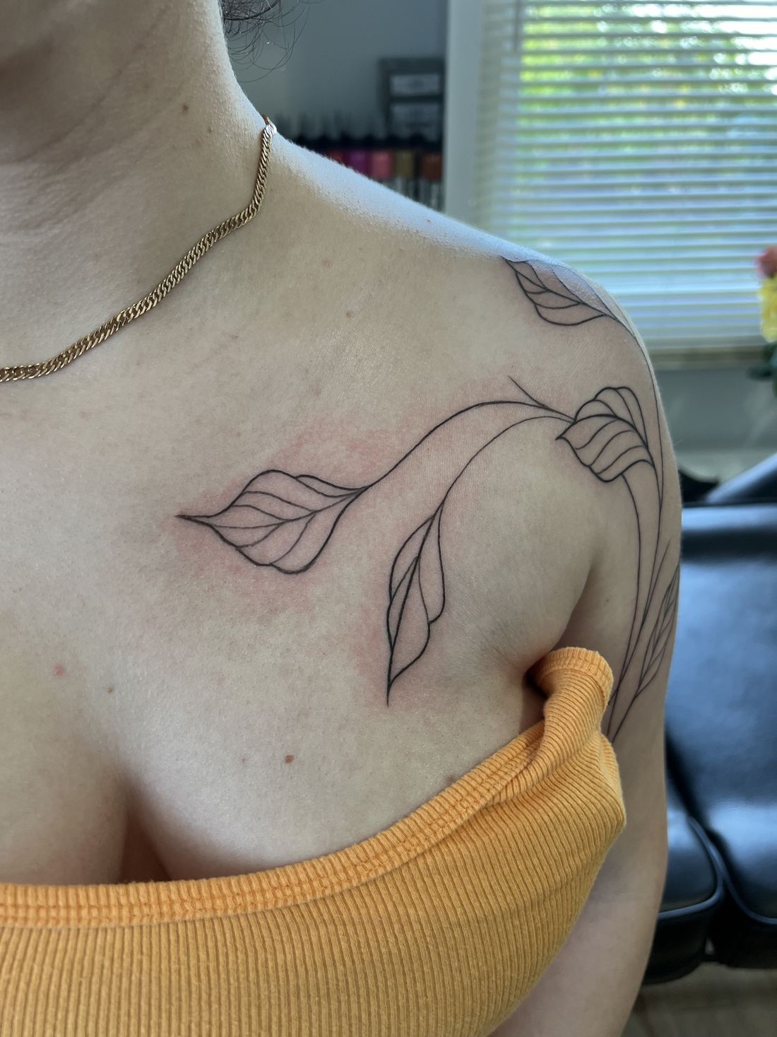 Tattoo: Black & grey fine line — Scar-covering leaf branch