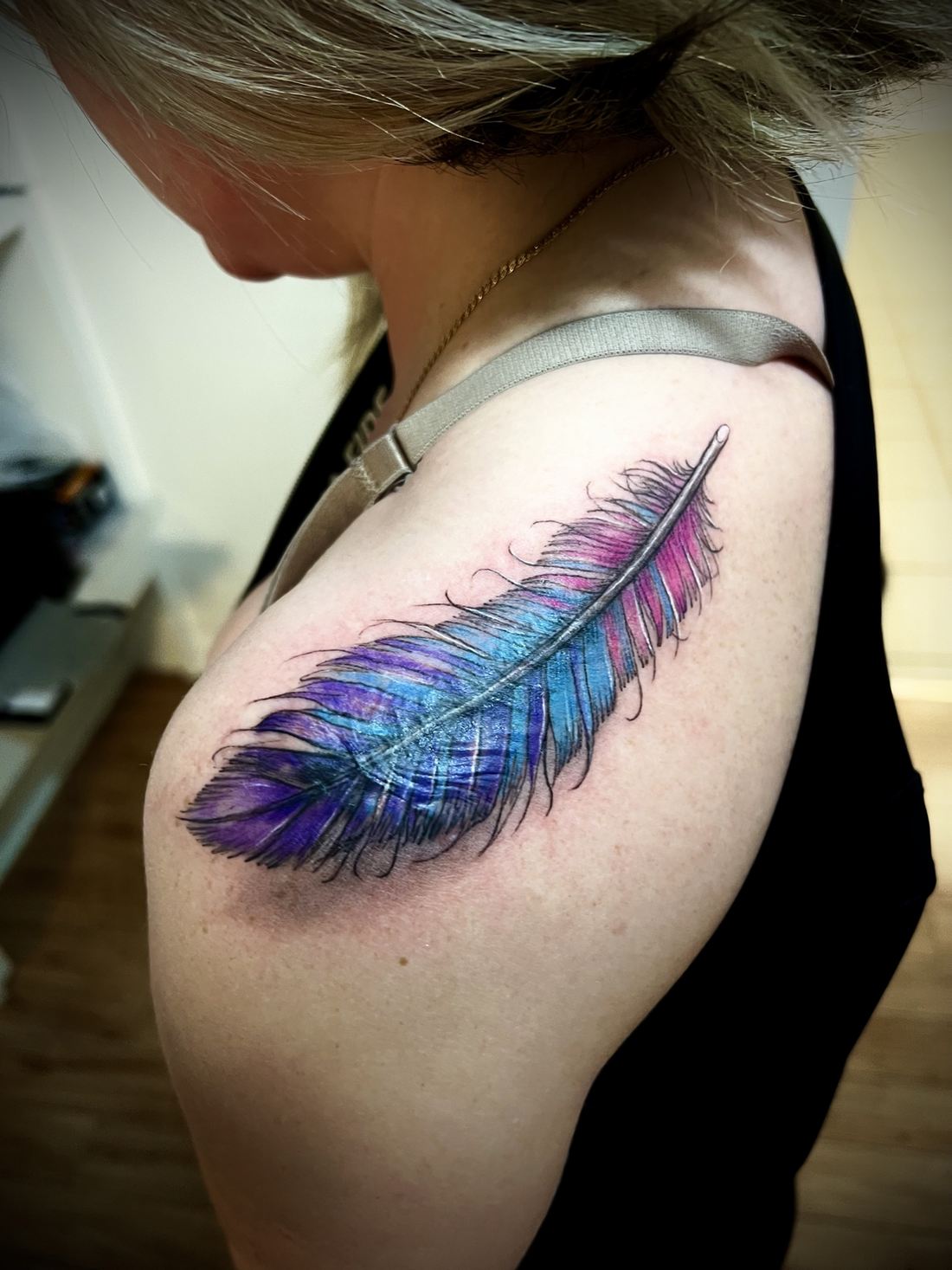 Tattoo: Color fine line — Purple and blue feather