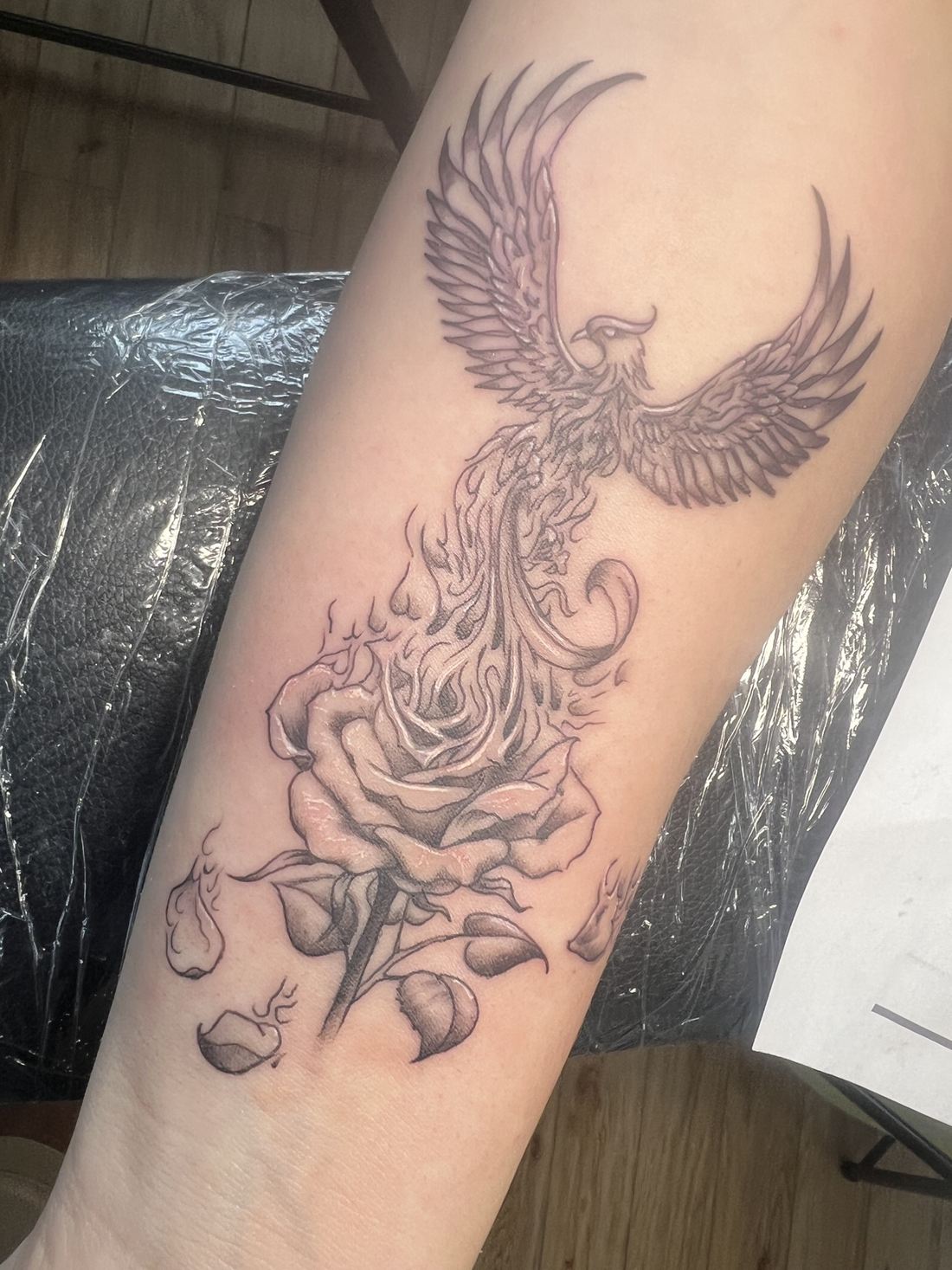 Tattoo: Black & grey — Phoenix and rose