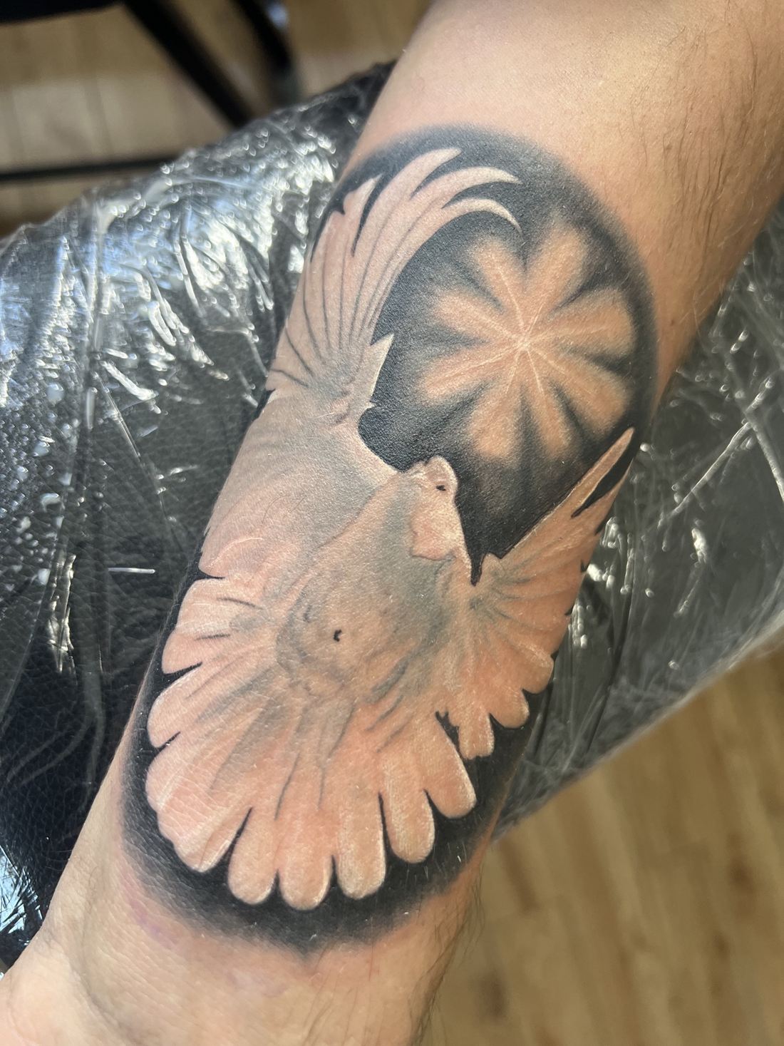 Tattoo: Black & grey — Dove and sun